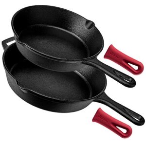 cast iron skillet set - 8" + 10"-inch frying pan + 2 heat-resistant handle holder grip covers - pre-seasoned oven safe cookware - indoor/outdoor use - grill, firepit, bbq, stovetop, induction safe