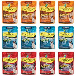 earthborn holistic grain free wet cat food in gravy pouches - 3 ounces each - 3 flavors - riptide zing, autumn tide, and upstream grill (12 pouches total)