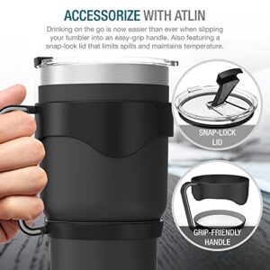 Atlin Tumbler [30 oz. Double Wall Stainless Steel Vacuum Insulation] - Black Travel Mug [Crystal Clear Lid] Water Coffee Cup [Straw + Handle Included]For Home, Office, School, Ice Drink, Hot Beverage