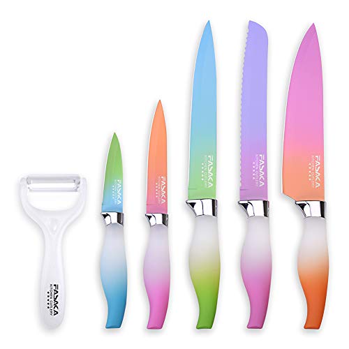 FASAKA 6 Piece Colorful Knife Set - 5 Kitchen Knives with 1 Peeler - Non-Stick Stainless Steel Chef Knife Set - Rainbow Knives with Round PP Handle, Display with Gift Box