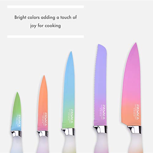 FASAKA 6 Piece Colorful Knife Set - 5 Kitchen Knives with 1 Peeler - Non-Stick Stainless Steel Chef Knife Set - Rainbow Knives with Round PP Handle, Display with Gift Box