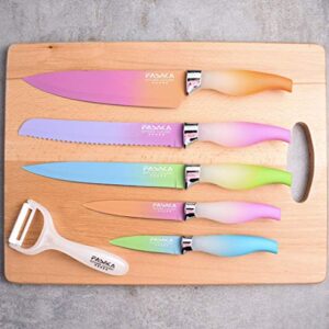 FASAKA 6 Piece Colorful Knife Set - 5 Kitchen Knives with 1 Peeler - Non-Stick Stainless Steel Chef Knife Set - Rainbow Knives with Round PP Handle, Display with Gift Box