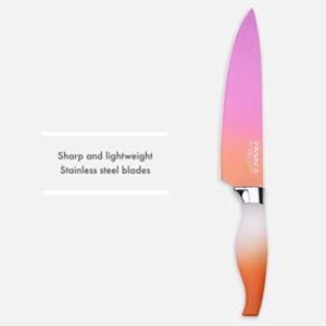 FASAKA 6 Piece Colorful Knife Set - 5 Kitchen Knives with 1 Peeler - Non-Stick Stainless Steel Chef Knife Set - Rainbow Knives with Round PP Handle, Display with Gift Box