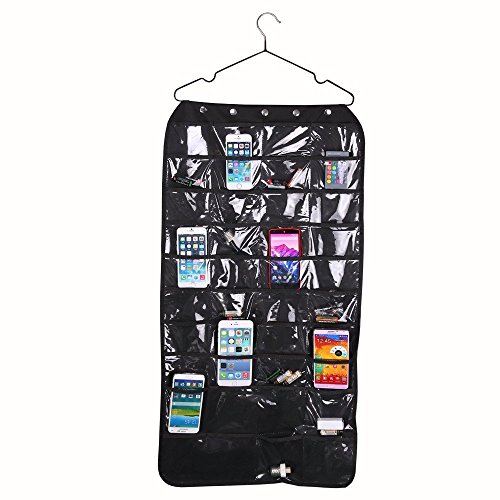 Hanging Jewelry Organizer Double Sided 40 Pockets & 20 Magic Tape Hook Storage Bag Closet Storage for Earrings Necklace Bracelet Ring Display Pouch (Black)