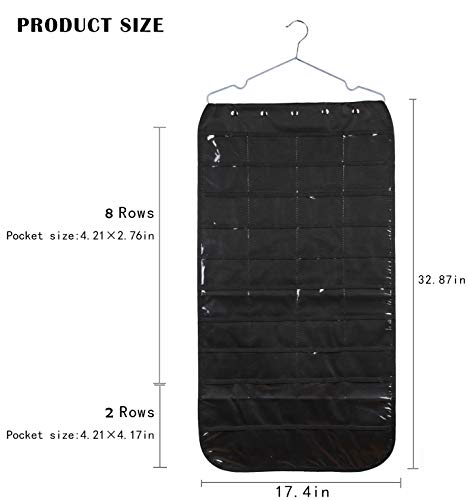 Hanging Jewelry Organizer Double Sided 40 Pockets & 20 Magic Tape Hook Storage Bag Closet Storage for Earrings Necklace Bracelet Ring Display Pouch (Black)