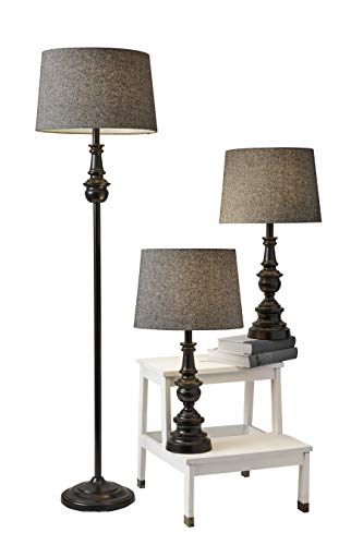 Adesso 1591-01 Classic Set Containing Matching Floor Two Table Lamps, 16" x 16" x 60", Black