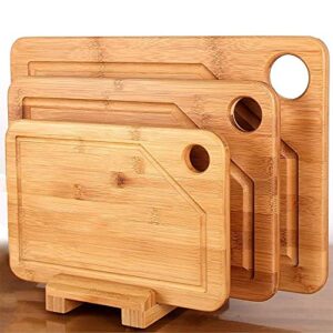mohy bamboo cutting board set with juice groove (set of 3 with holder) – extra large thick chopping board set for meat, cheese, fruit and vegetables