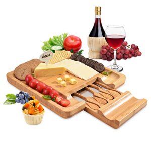 fitnate bamboo cheese board set, 13inch square charcuterie board with cutlery in slide-out drawer including 4 stainless steel serving utensils, gift for christmas, birthday, wedding, housewarming