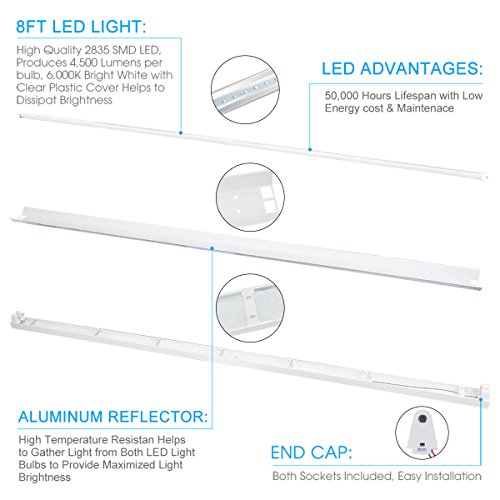 BRILLIHOOD 2-Pack 8FT LED Shop Light, 80W (190W Equiv.), 8000LM LED Garage Light, 6000K (Cool White), T8/T12 Fluorescent Light Fixture for Warehouse, Supermarket, Workshop Office