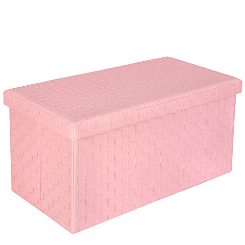 B FSOBEIIALEO Folding Storage Ottoman, Faux Leather Footrest Stool Long Bench Toy Box Chest for Girls, Pink 30 x15 x15 inches , Large