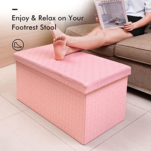 B FSOBEIIALEO Folding Storage Ottoman, Faux Leather Footrest Stool Long Bench Toy Box Chest for Girls, Pink 30 x15 x15 inches , Large