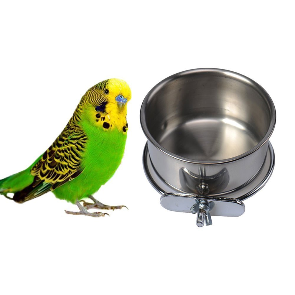 Hypeety Pet Bird Food Feeding and Drinking Hanging Cup Clamp Holder Stainless Steel Hanging Bowl for Parrot Macaw African Greys Budgies Parakeet Cockatiels Conure Lovebirds Finch Pigeon Cage