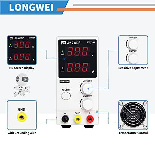 DC Power Supply Variable,0-30 V / 0-10 A LW-K3010D Adjustable Switching Regulated Power Supply Digital,with Alligator Leads US Power Cord Used for Spectrophotometer and lab Equipment Repair