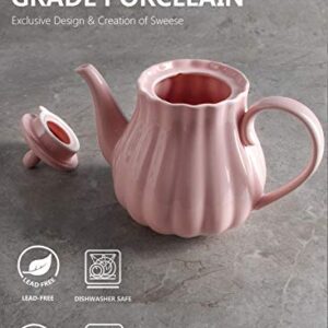 Sweese 222.108 Ceramic Teapot Pumpkin Fluted Shape, Pink - 28 Ounce