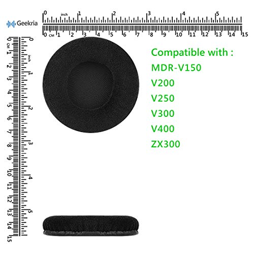 Geekria Comfort Velour Replacement Ear Pads for Sony MDR-V150 V200 V250 V300 V400 ZX300 Headphones Ear Cushions, Headset Earpads, Ear Cups Cover Repair Parts (Black)