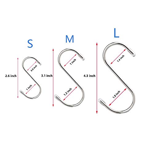 S Shaped Hooks Stainless Steel Metal Rubber Caps Head Hanging Hangers Hooks for Home Kitchen Bathroom Bedroom Office, 30 Pack 3 Sizes (S+M+L, Each 10 Pack）