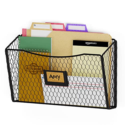 Wall35 Felic Hanging File Organizer, Folder and Mail Holder for Wall, Metal Chicken Wire Baskets with Tag Slot