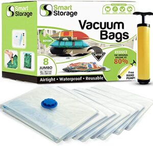 smart storage vacuum storage bags, 8 pack space saver bags for clothes, pillows & bedding, travel luggage, vacuum seal storage bags