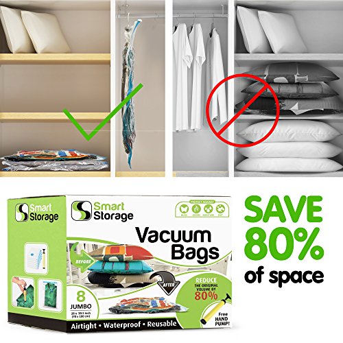 Smart Storage Vacuum Storage Bags, 8 Pack Space Saver Bags for Clothes, Pillows & Bedding, Travel Luggage, Vacuum Seal Storage Bags