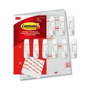 command medium utility hooks, damage free hanging wall hooks with adhesive strips, no tools wall hooks for hanging organizational items in living spaces, 9 white hooks and 12 command strips