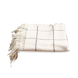 saro lifestyle geometric windowpane design tassel wool blend throw blanket, 50" x 60", ivory