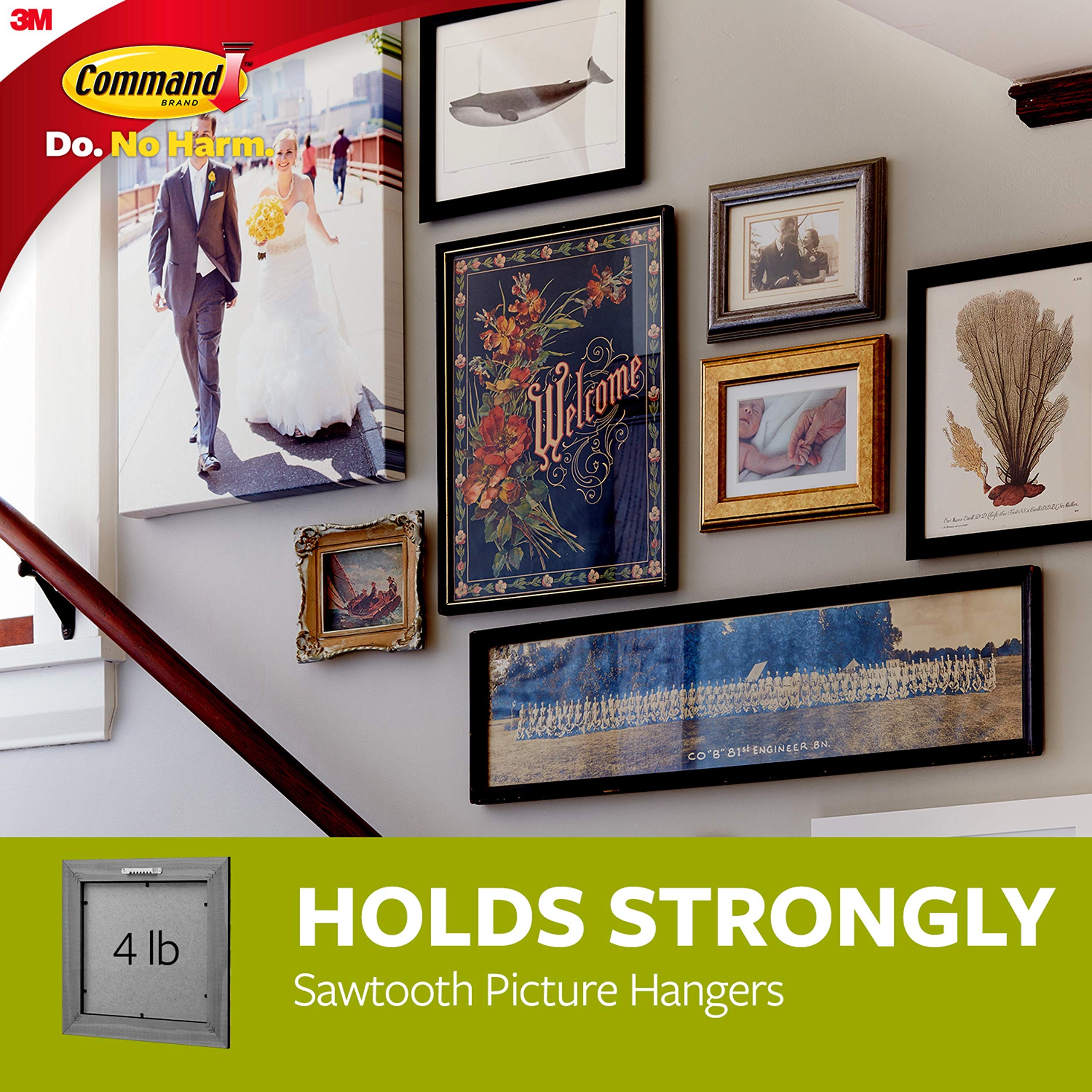 Command Sawtooth Picture Hangers, Damage Free Hanging Frame Hangers, No Tools Wall Hooks for Hanging Dorm Room Decorations in Sawtooth Frames, 4 White Picture Frame Hangers and 8 Command Strips