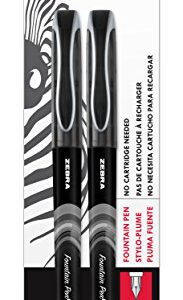 Zebra Pen Zensations Fountain Pen Set, Fine Point 0.6mm, Black Non-Toxic Ink, Stainless Steel Nib, Disposable, 2-Pack (04112)