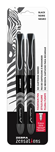 Zebra Pen Zensations Fountain Pen Set, Fine Point 0.6mm, Black Non-Toxic Ink, Stainless Steel Nib, Disposable, 2-Pack (04112)