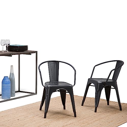 SIMPLIHOME Larkin Industrial Metal Dining Arm Chair (Set of 2) in Distressed Black, Silver, Fully Assembled, For the Dining Room