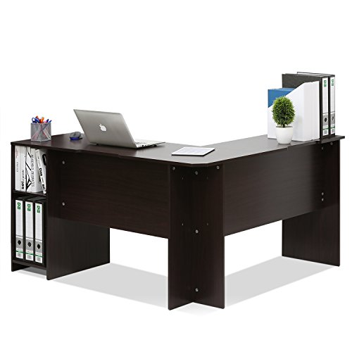 Furinno Indo L-Shaped Computer Desk with Bookshelf, Espresso