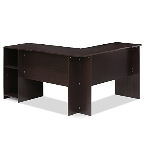 Furinno Indo L-Shaped Computer Desk with Bookshelf, Espresso