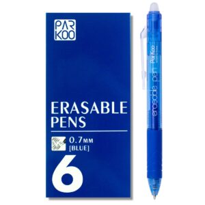 parkoo retractable erasable gel pens clicker, fine point 0.7mm, make mistake disappear, blue ink for note taking and crossword puzzles, 6-pack