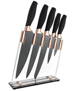 6 piece knife set | 5 beautiful rose gold knives with knife block | sharp kitchen knife sets | multiple size, all purpose kitchen knives | 8” chef, bread, & carving knife | utility & paring knife