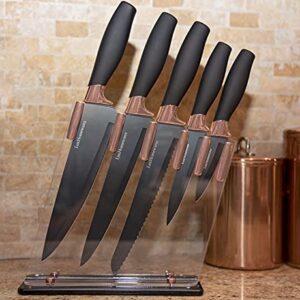 6 Piece Knife Set | 5 Beautiful Rose Gold Knives with Knife Block | Sharp Kitchen Knife Sets | Multiple Size, All Purpose Kitchen Knives | 8” Chef, Bread, & Carving Knife | Utility & Paring Knife