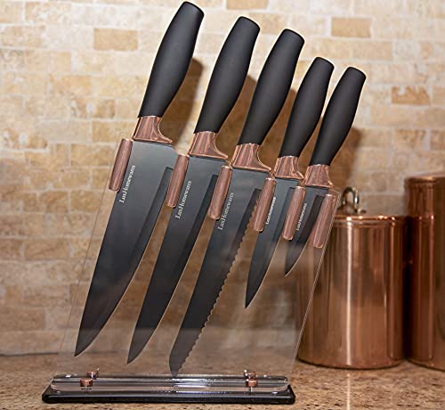 6 Piece Knife Set | 5 Beautiful Rose Gold Knives with Knife Block | Sharp Kitchen Knife Sets | Multiple Size, All Purpose Kitchen Knives | 8” Chef, Bread, & Carving Knife | Utility & Paring Knife