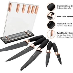 6 Piece Knife Set | 5 Beautiful Rose Gold Knives with Knife Block | Sharp Kitchen Knife Sets | Multiple Size, All Purpose Kitchen Knives | 8” Chef, Bread, & Carving Knife | Utility & Paring Knife