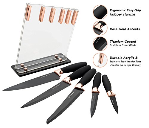 6 Piece Knife Set | 5 Beautiful Rose Gold Knives with Knife Block | Sharp Kitchen Knife Sets | Multiple Size, All Purpose Kitchen Knives | 8” Chef, Bread, & Carving Knife | Utility & Paring Knife