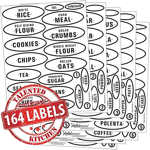 Talented Kitchen Pantry Labels - 164 Contemporary Preprinted Kitchen Label Set. Clear, Water Resistant Stickers, Food Jar Label. Jar Decals for Pantry Organization & Storage (Set of 164 - Contemporary