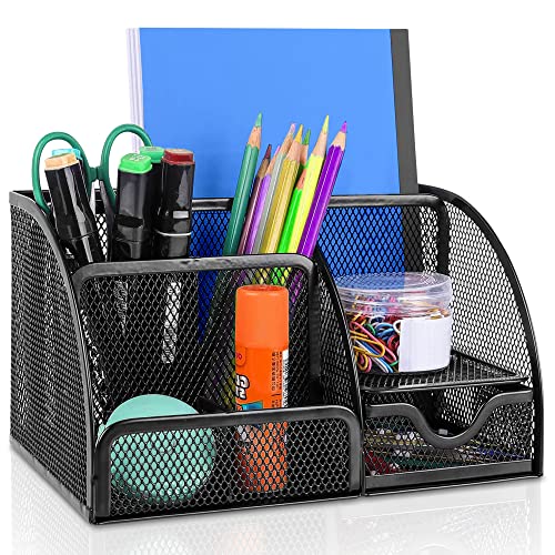 Halter Mesh Desk Organizer - 6 Compartments with Drawer, Multifunctional Organizer for Home and Office Supplies (Black)