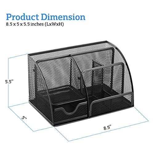 Halter Mesh Desk Organizer - 6 Compartments with Drawer, Multifunctional Organizer for Home and Office Supplies (Black)