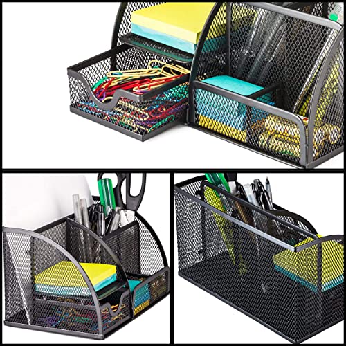 Halter Mesh Desk Organizer - 6 Compartments with Drawer, Multifunctional Organizer for Home and Office Supplies (Black)