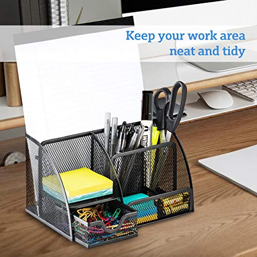 Halter Mesh Desk Organizer - 6 Compartments with Drawer, Multifunctional Organizer for Home and Office Supplies (Black)