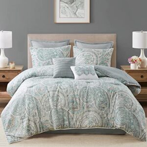comfort spaces cozy comforter set-modern classic design, all season down alternative bedding, matching shams, bedskirt, decorative pillows, cal king, kashmir paisley blue 8 piece