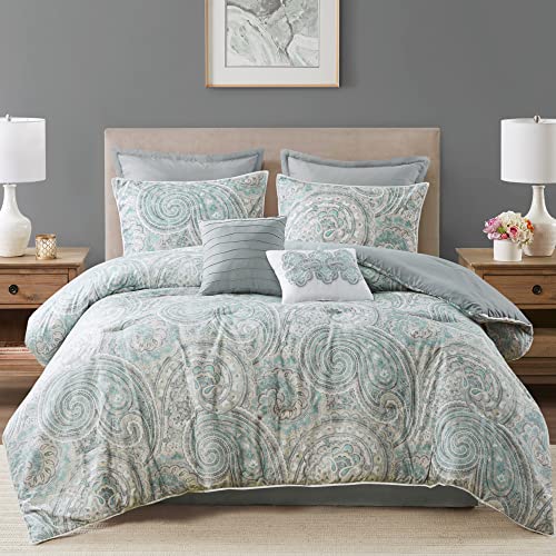 Comfort Spaces Cozy Comforter Set-Modern Classic Design, All Season Down Alternative Bedding, Matching Shams, Bedskirt, Decorative Pillows, Cal King, Kashmir Paisley Blue 8 Piece