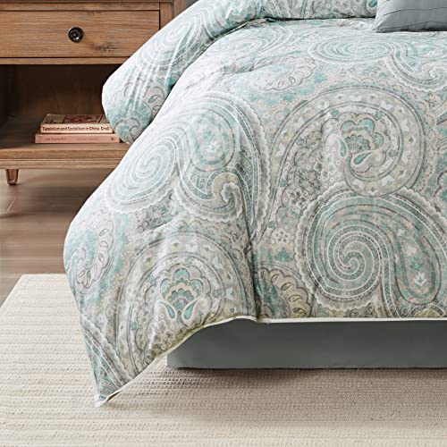 Comfort Spaces Cozy Comforter Set-Modern Classic Design, All Season Down Alternative Bedding, Matching Shams, Bedskirt, Decorative Pillows, Cal King, Kashmir Paisley Blue 8 Piece