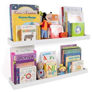 wallniture philly nursery bookshelf - floating book shelves for kids room - 31 inch picture ledge book tray toy storage display white set of 2