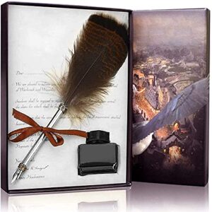 spyshop owl feather quill pen with ink set writing dip ink pens -writer pen vintage feather calligraphy pen gift set for kids beginners