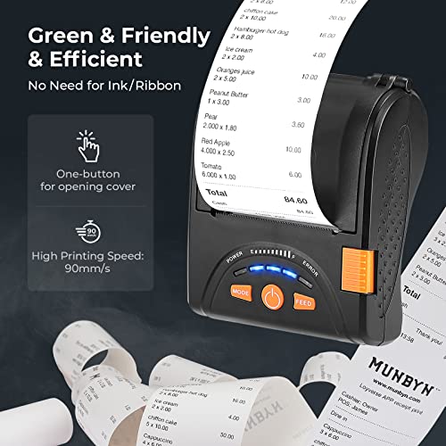 MUNBYN Bluetooth Receipt Printer, 58mm Mini Wireless POS Receipt Printer 2" Mobile Thermal Printer Leather Belt Printer Small Business Restaurant, Sales ESC/POS, Portable Receipt Printer for Android