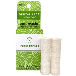 dental lace woven dental floss, 100% silk floss with natural mint flavor - 2 floss refills with recyclable packaging, 66 yards