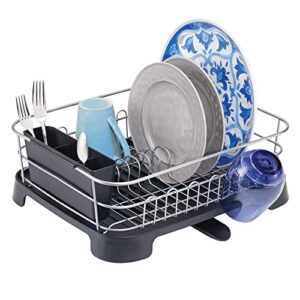 mdesign alloy steel sink dish drying rack holder w/plastic swivel spout drainboard tray - dish rack/dish drainer storage organizer for kitchen counter - holds plates, concerto collection, silver/black